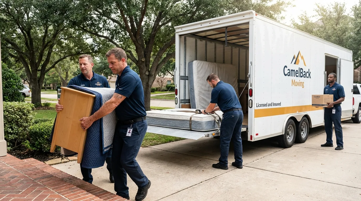 Crew loading residential truck for cross-state move from Remsen, IA
