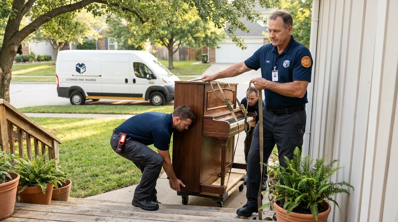 Licensed piano movers securing grand piano in Remsen, IA