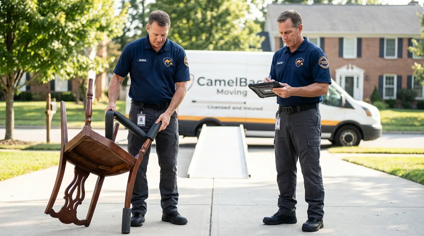 Movers inspecting furniture for damage prevention before loading in Remsen, IA