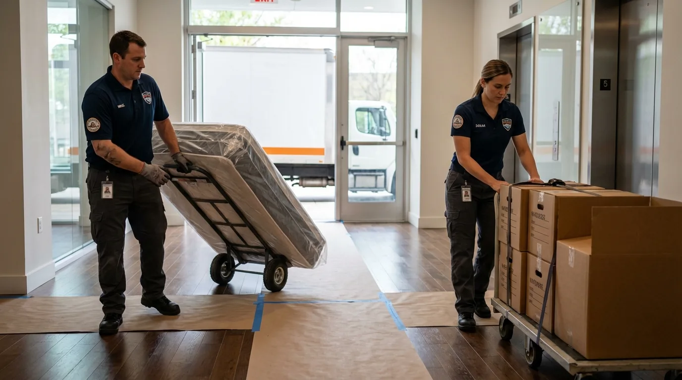 Professional apartment movers loading elevator in Remsen, IA