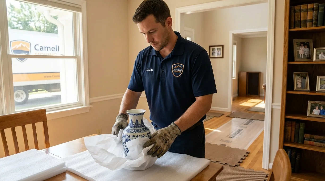 Professional crew carefully wrapping antique vase for senior downsizing move in Remsen, IA
